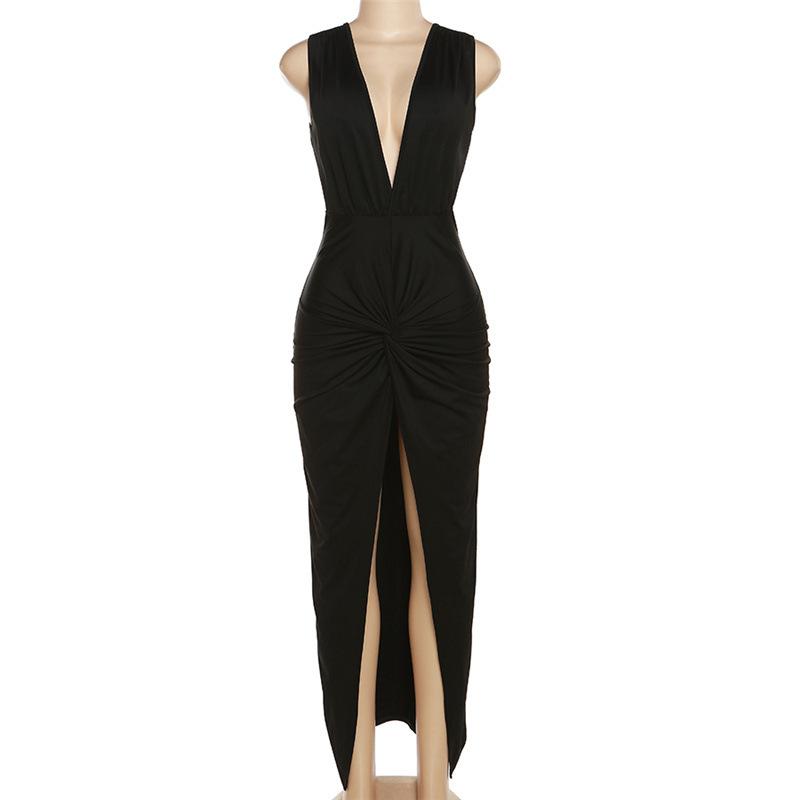 Women Elegant Summer Sleeveless Sexy Deep V-Neck Ruched Slit Maxi Dress