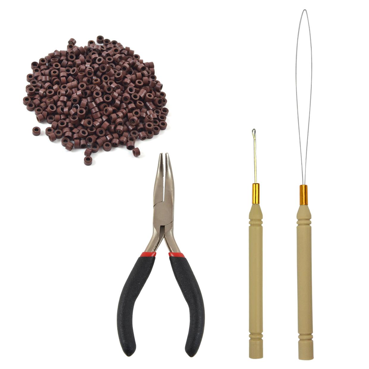 Набор инструментов для наращивания волос : Щипцы для волос, 500 шт., микросиликоновые бусины/кольца для волос, тянущая петля, крючок, игла
