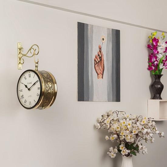 

Металлические аналоговые двусторонние настенные часы для железнодорожной станции, подвесные часы для платформы, для гостиной, домашнего офиса (Блестящее золото_21см