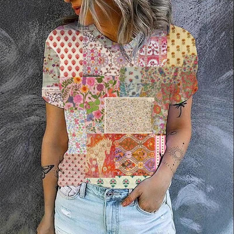 Sommar Dam Casual Lös Mode Digitaltryck Flerfärgad Rundhals Kortärmad Skjorta