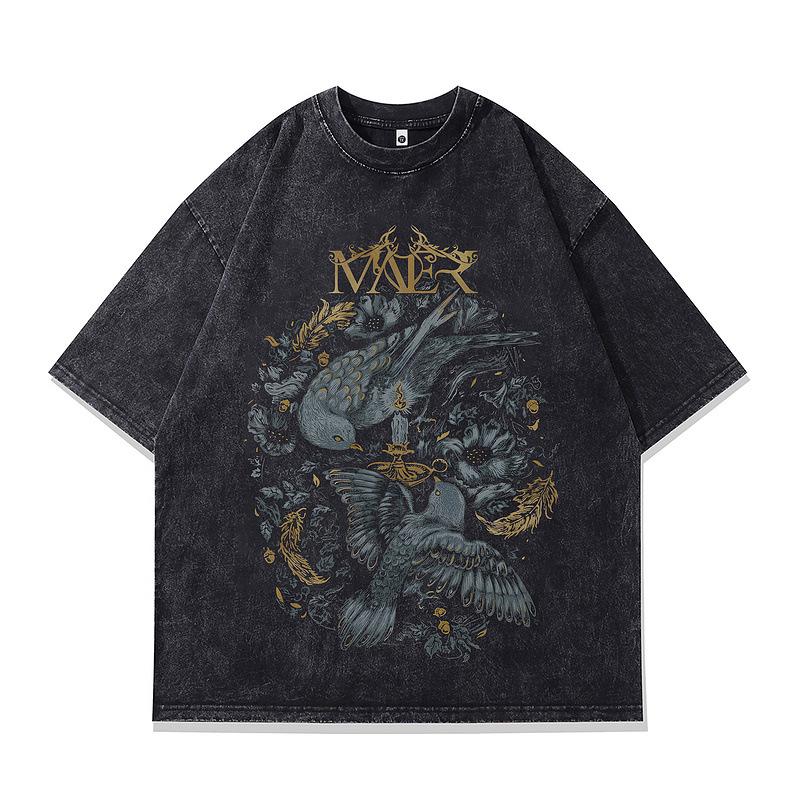 European And American Retro Dark Printed Men'S T-Shirt High Street Trend Vibe Wind Loose Washed Short-Sleeved T-Shirt Men