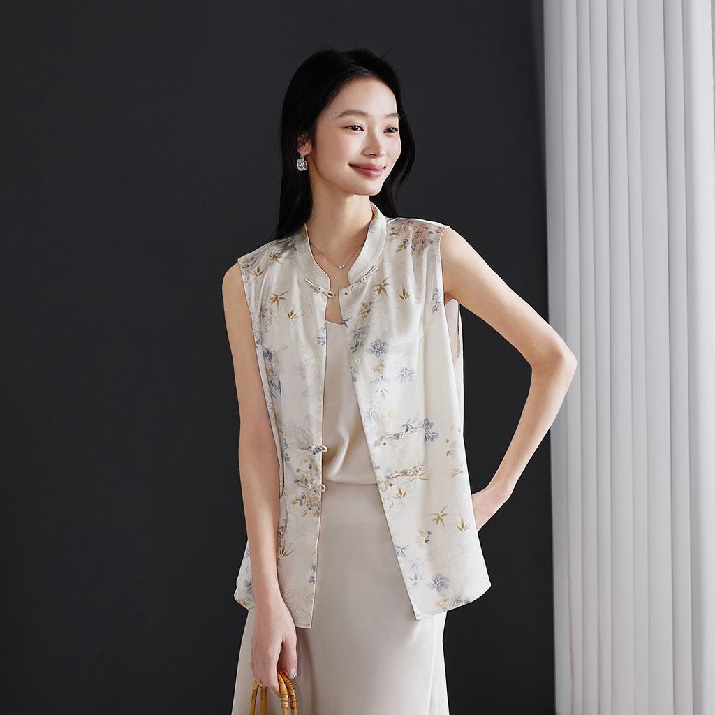 New Chinese Style Printed Vest Jacket for Women
