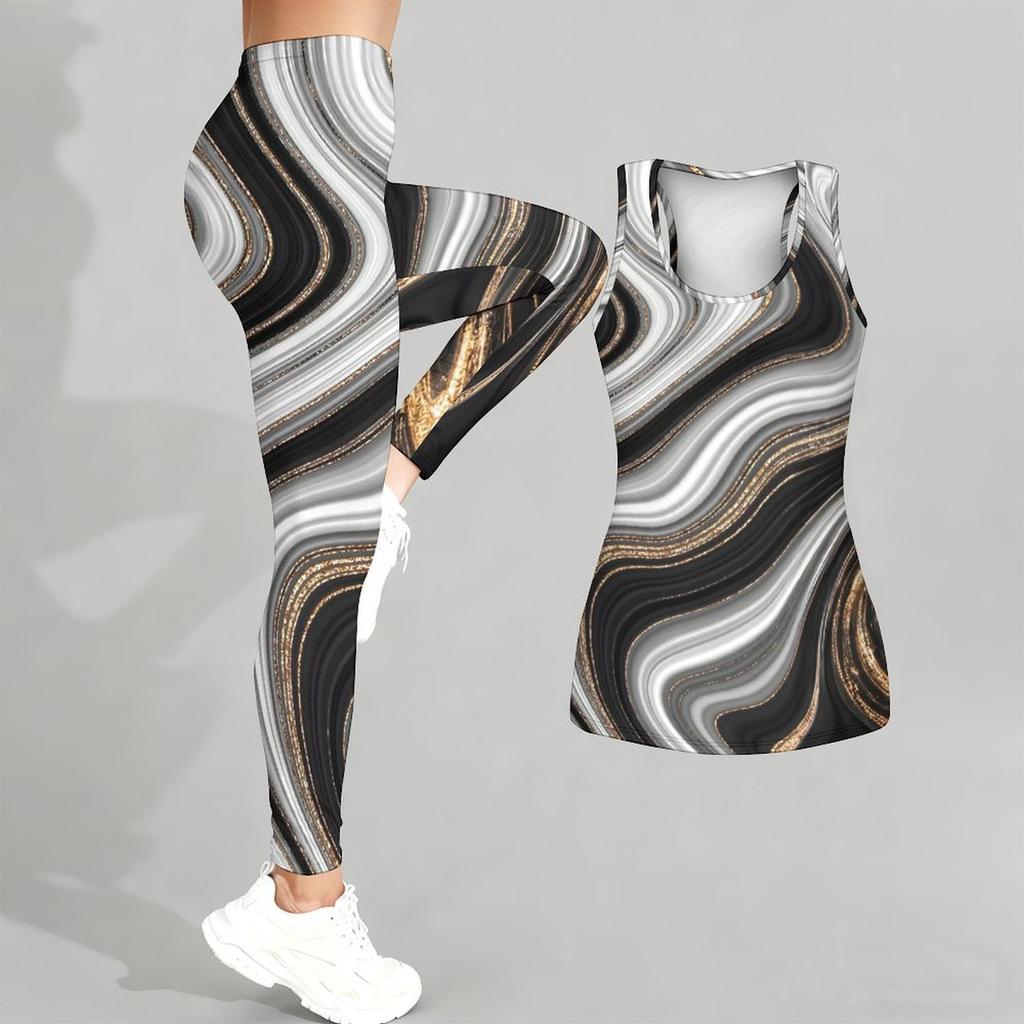 Marble Veining Printed Yoga Outfit for Women Fashion Workout Leggings Fitness Sports Casual Yoga Set Sports Suit