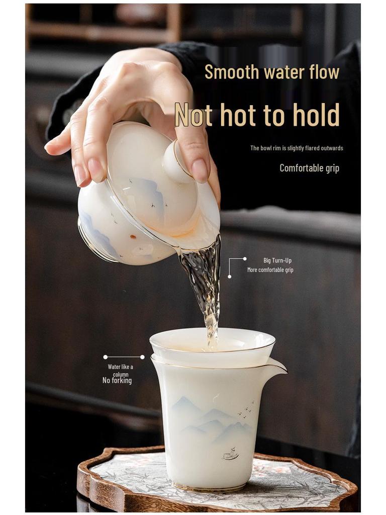 High-End Puyu Light Luxury Dehua White Porcelain Kung Fu Tea Set with Mutton Fat Jade Teapot