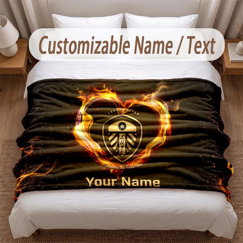 Leeds United Printed Flannel Blanket Custom Name Text Soft Warm Throw For Bedroom Holiday Gift