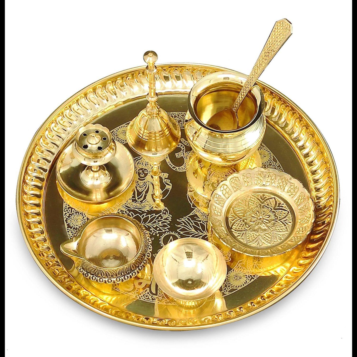 Brass Puja thali Set 8 Inch with Pital Plate Dhup Dan Kalash Spoon Ghanti Bowl Kuber Diya Kangura Plate Pooja Thali