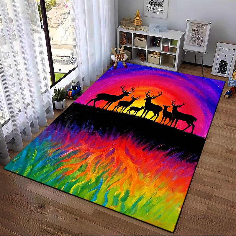 Colorful Deer Silhouette Carpet with Vibrant Rainbow Sunset Design Suitable for Use As an Anti-slip for Living Room Bedroom Sofas