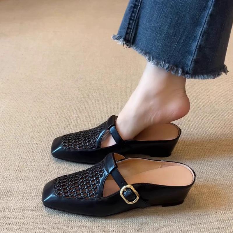 Skinny and tall retro baotou half slippers women's summer wear thick heels and inner height increase one pedal woven breathable sandals