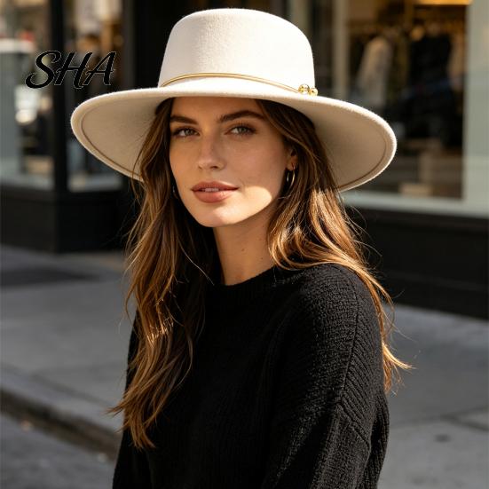 Classic Wide Brim Hat Retro Flat Top Hat, Wool Felt Pork Pie Bowler with Stylish Headwear for Women Metal Ring, Trilby Men Autumn Winter Warm Fedora