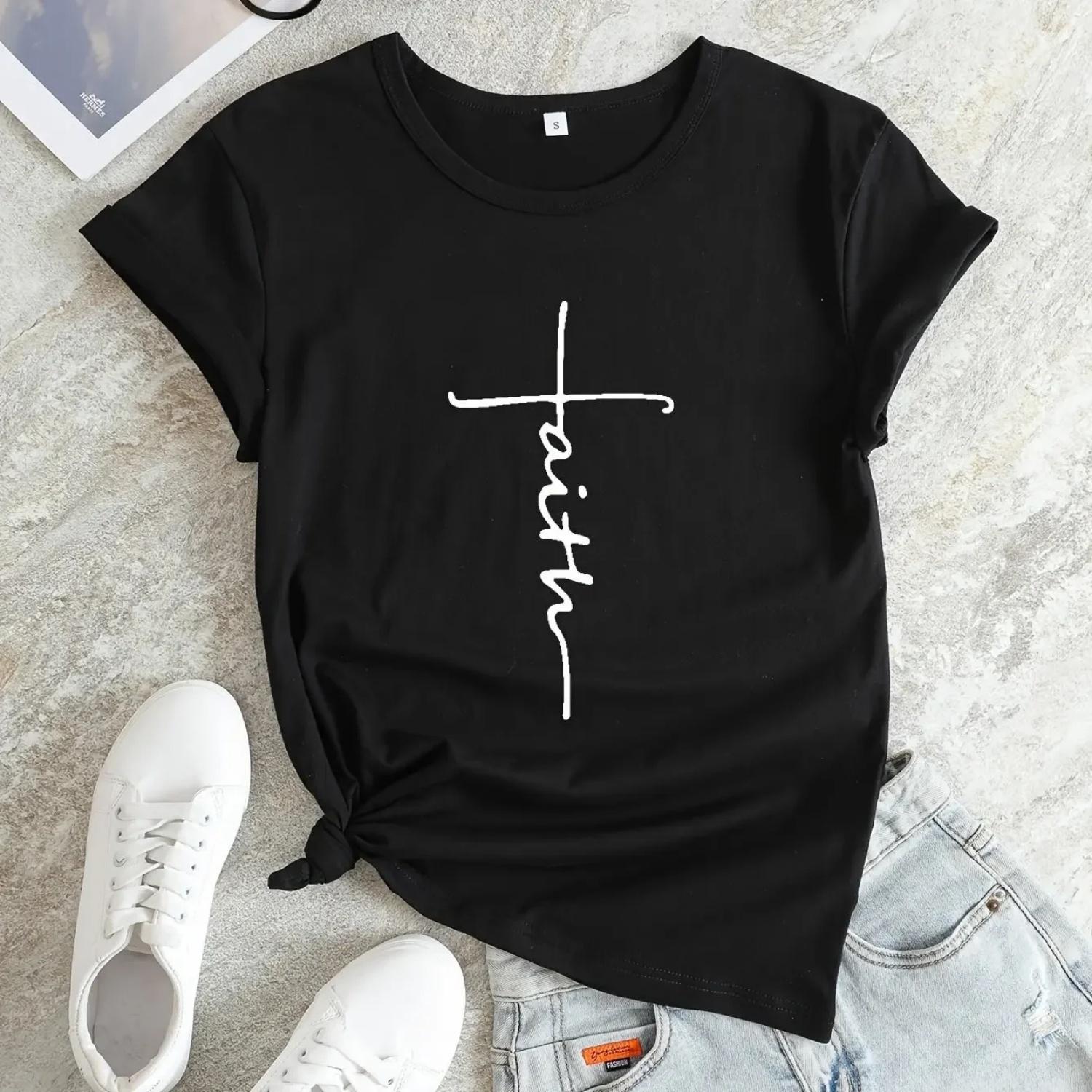 Faith Print V-Neck T-Shirt Casual Every Day Short Sleeve T-Shirt Women s Clothing S чёрный