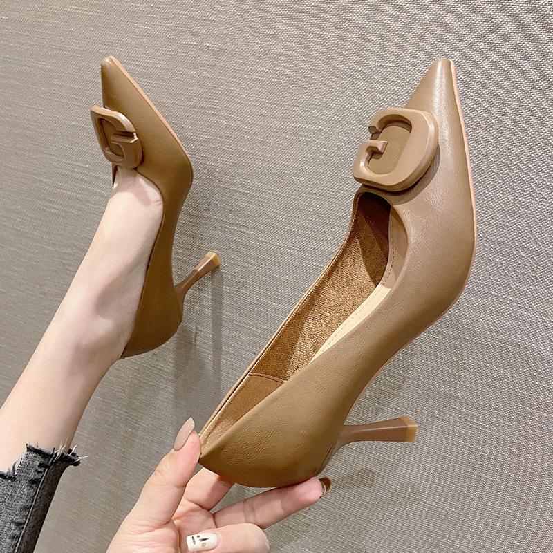775-81 Customized autumn new custom high heels Korean version pointed square buckle stiletto shoes Huidong temperament women's shoes
