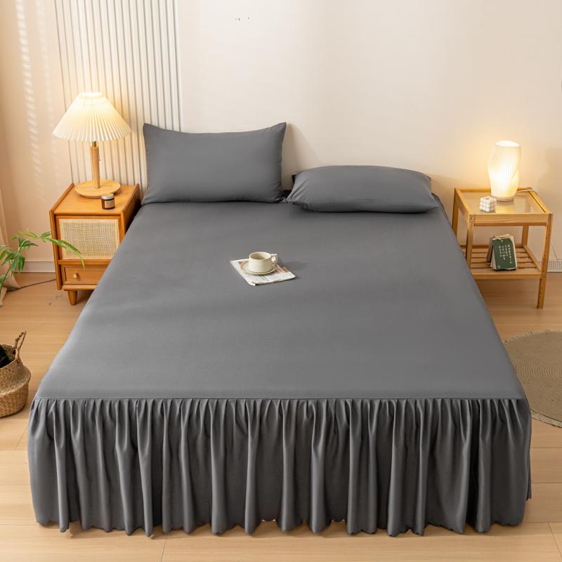 1pc Gray Bed Skirt Skin-friendly Bed Cover Simple Style Mattress Protector Roupa De Cama Soft Bedspread for Home (No Pillowcase)