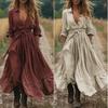 Modisches Minimalistisches Langarm Baumwoll Leinen Freizeitkleid Elegantes Hohe Taille A-Linie Rockstil Reisefreundlich Pendelstil