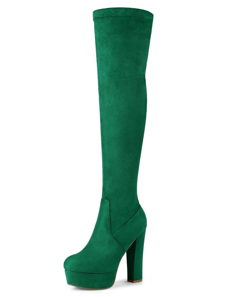 Allegra K Knee-High Boots, Platform Boots with Block Heels, Women's, Casual, Party, Halloween, Non-Slip, Fashionable, Green, Size 26.5cm