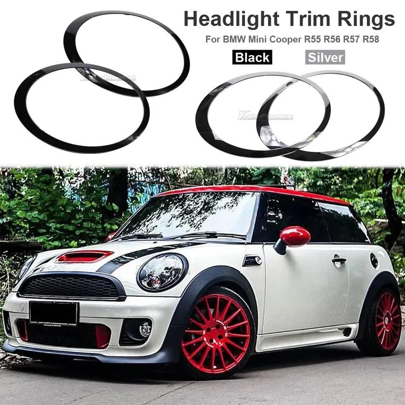2X Gloss Black/Silver Headlight Trim Rings Bezel Cover For 2007-2015 Mini Cooper R55 R56 R57
