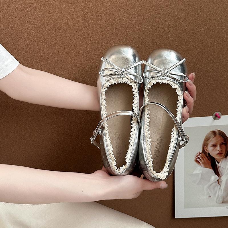 Bow temperament high heels ballet women's leather shoes new summer retro lace edge heightening Mary Jane single shoes