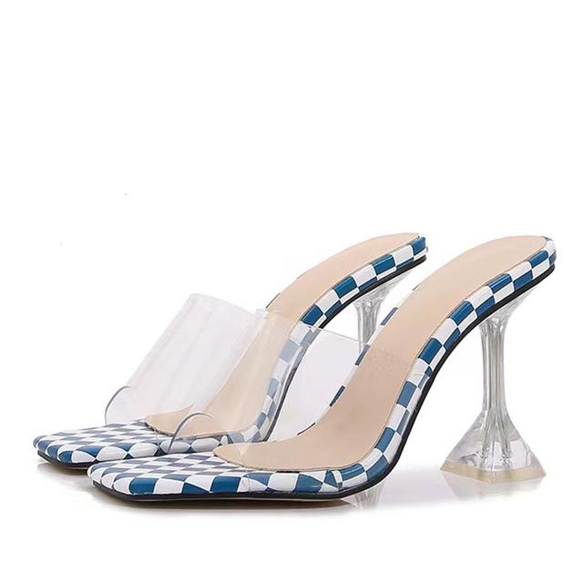 

Liyke, большой размер 44, 45, 46, прозрачная обувь для женщин, модные туфли из плексигласа на высоком каблуке, мюли, тапочки, женские сандалии из ПВХ, синие 43 синий