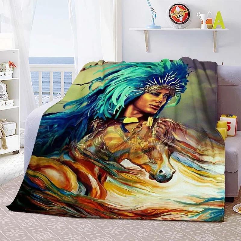 Indian Hunter Indigenous Culture Blanket Lightweight Cozy Soft Warm Flannel Throw Blanket Quilt Bedspread for Sofa Bed Home Gift