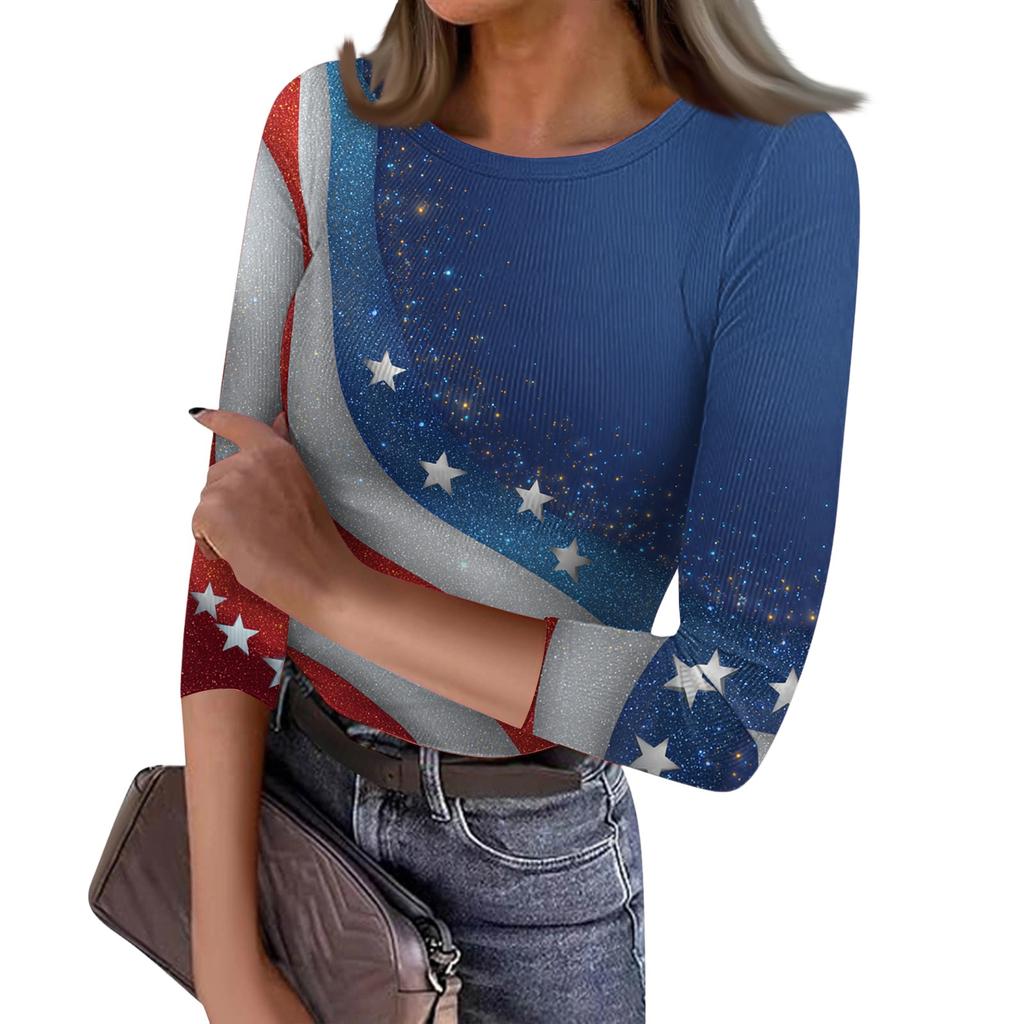Women's Casual Fashion Round Neck Independence Day Print Three-Quarter Sleeve Ribbed Top