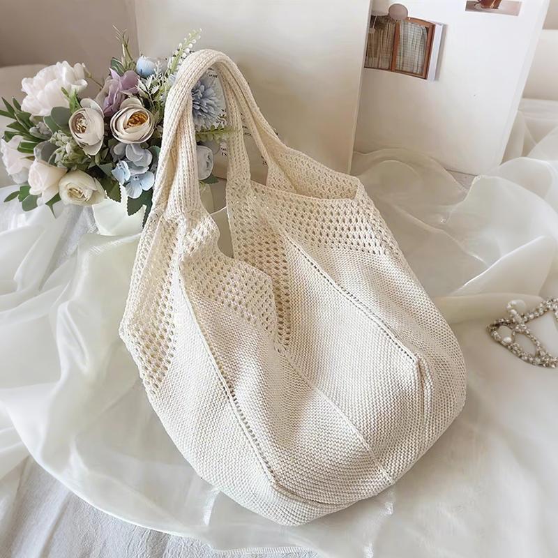 Yogodlns Casual Hollow Women Shoulder Bag Solid Color Large Capacity Summer Woven Beach Bag Foldable Handmade Crochet Tote Bag