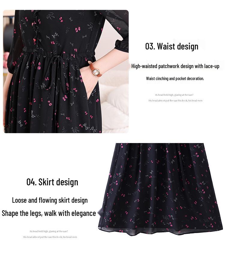 Floral Print Tie-Up Dress with Ruffle Lace for Mid-Age Moms - Long Sleeve, Over-the-Knee, Age-Reducing Design