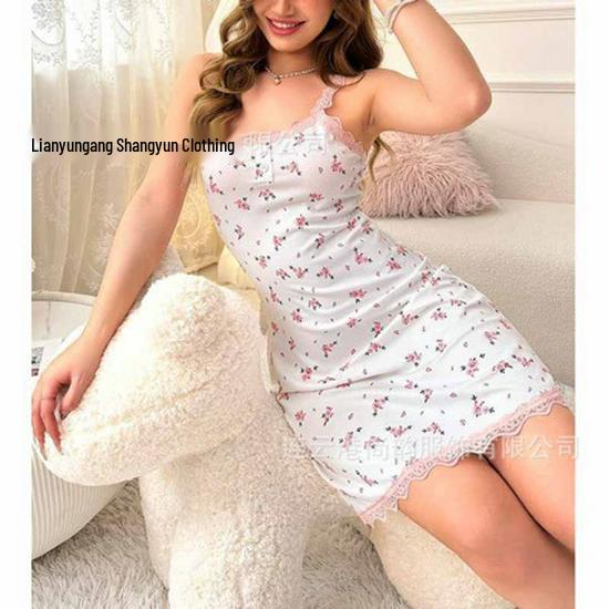 

2024 Солодка квіткова нічна сорочка на тонких бретельках з мереживною обробкою для жінок M квітковий