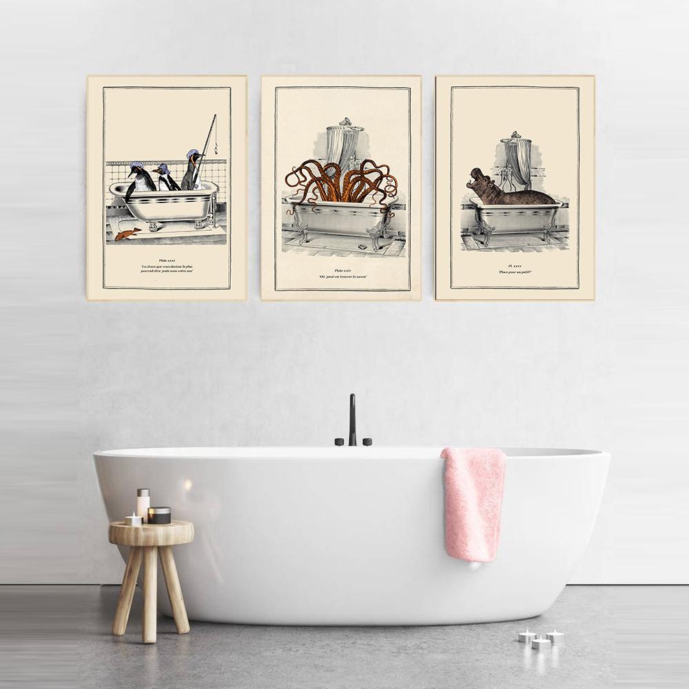 Lustige Badezimmer Toilette Dekoration Leinwand Malerei Tier Badewanne Poster Bär Krake Pinguin Schimpanse Retro Wand Bild Kunst