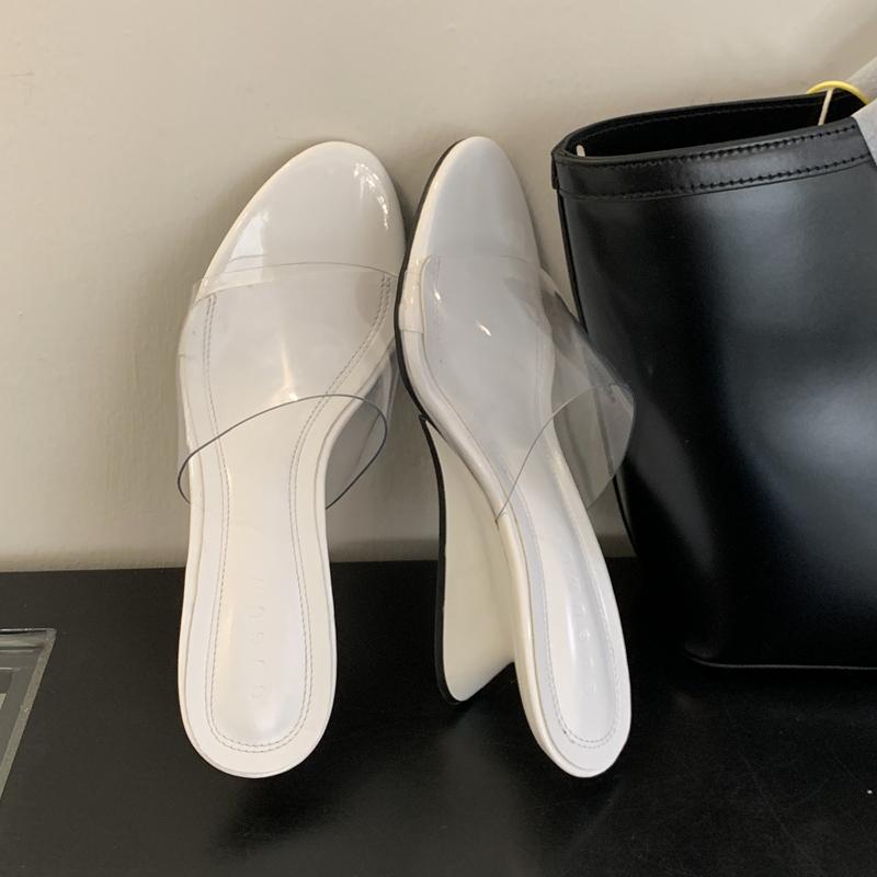 

Fashion SUOJIALUN 2025 Summer New High Wedge Heel Ladies Elegant Slides Shoes Fashion PVC Transparent Outdoor Dress Sandal Pumps Shoes 39 белый