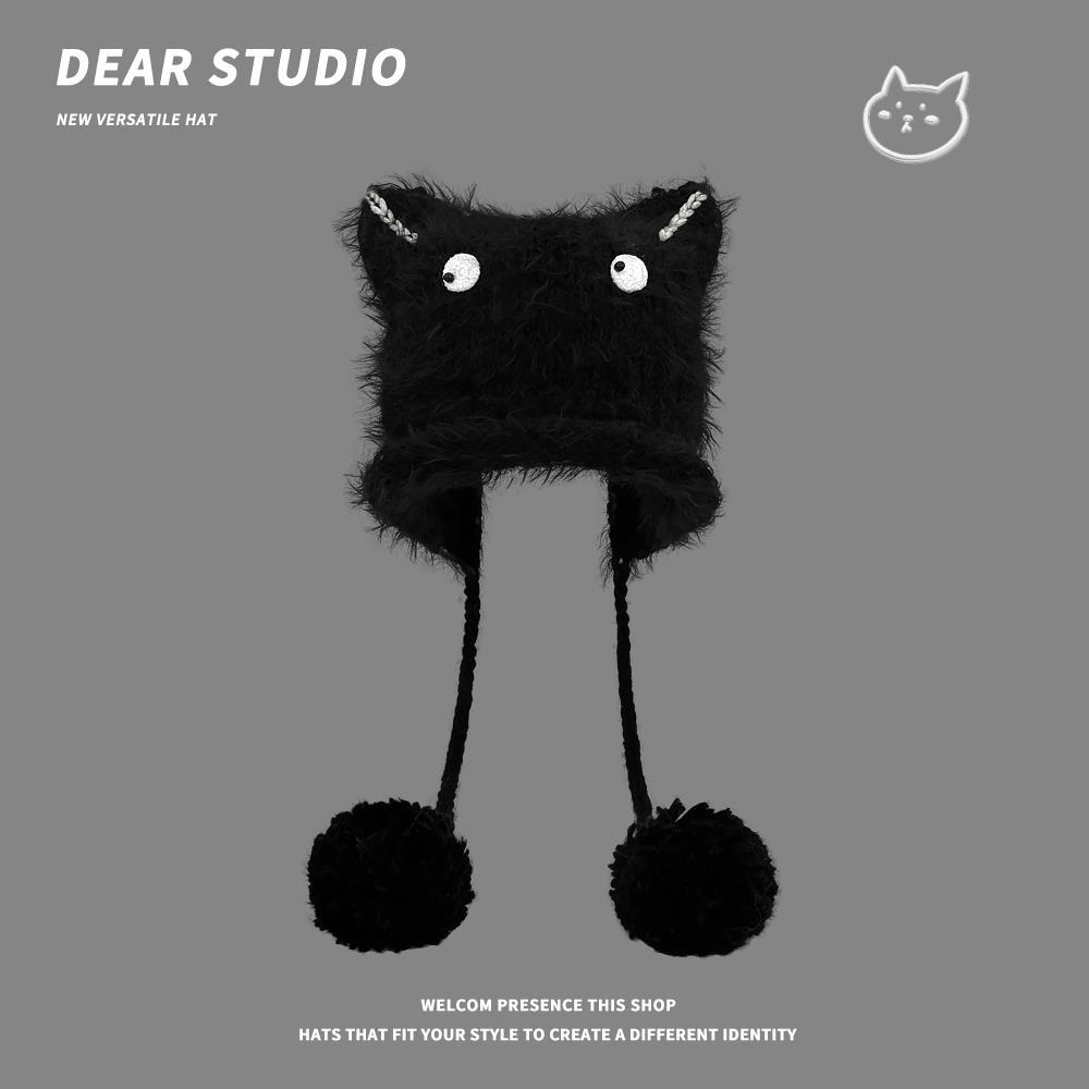 

Japanese cute eyes plush cat ear pullover hat children s season cold and warm ear protection face small knitted hat M（56-58cm） чорний