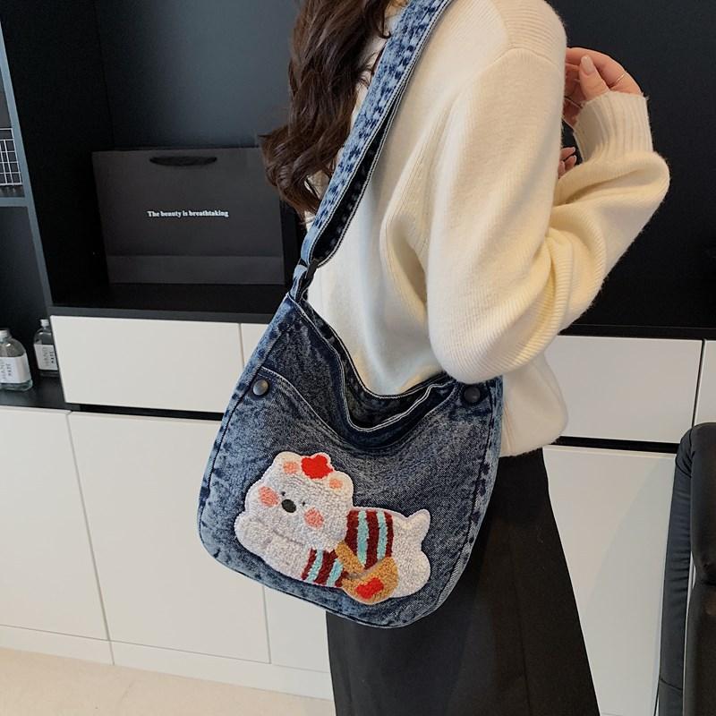Embroidered Denim Large-capacity Commuter Single-shoulder Bag, Cartoon Niche Artistic Retro Crossbody Bag