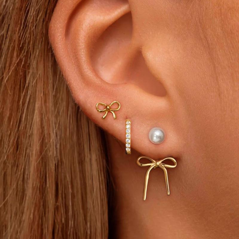 

6 шт./набор Роскошные серьги-бантики для женщин Ретро Золотистый цвет Медь Металл Изящные Милые Бантики Циркон Серьги-гвоздики Ювелирные изделия Подарок