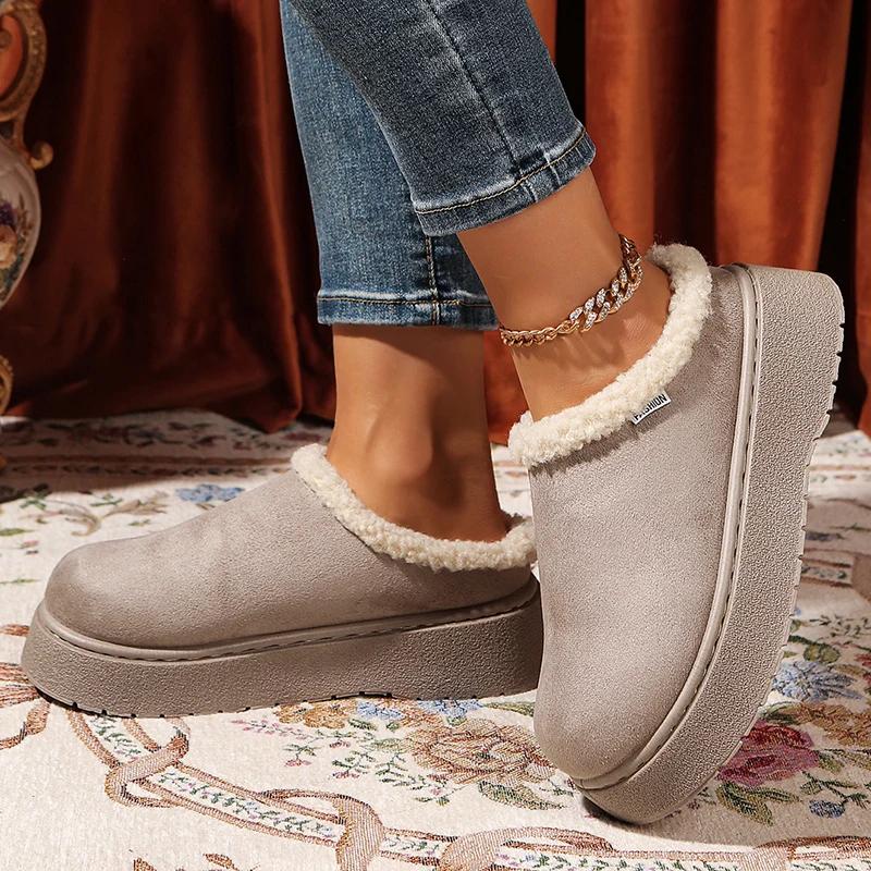 Fashion 2025 New Faux Suede Fur Slippers Women Winter Slip On Non Slip Thick Sole Snow Boots Woman Warm Thicken Plush Cotton Shoes 36-41