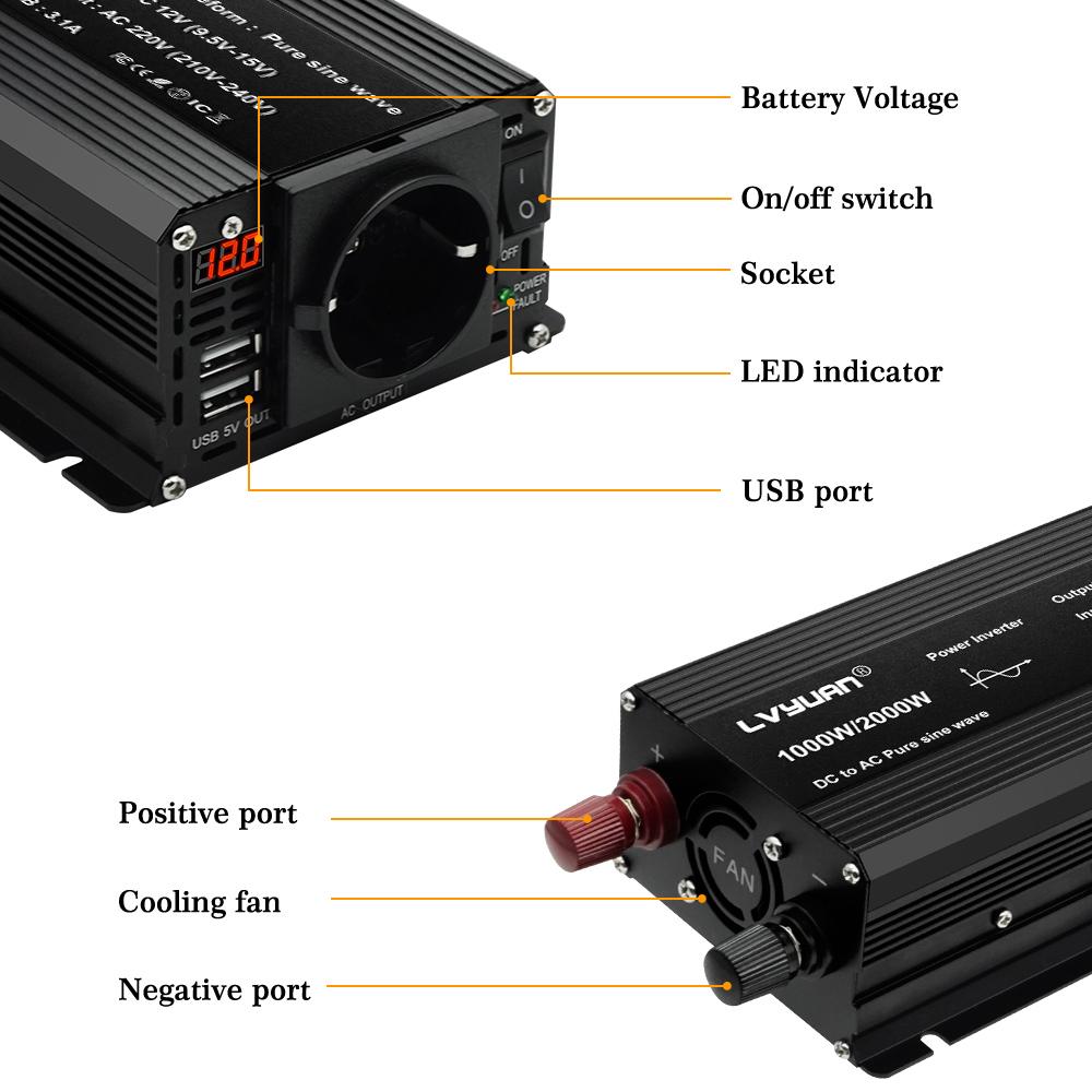 2000W (Vrchol) 12V až 230V 1000W Jmenovitý výkon Pure Sine Inverter 2 x 5V 2,4A USB Vhodné pro kempingové domácí solární systémy mimo síť