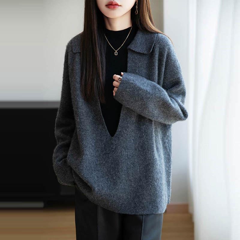 2025 Autumn/Winter Women's Pure Wool V-Neck Knit Polo - Casual Loose Pullover