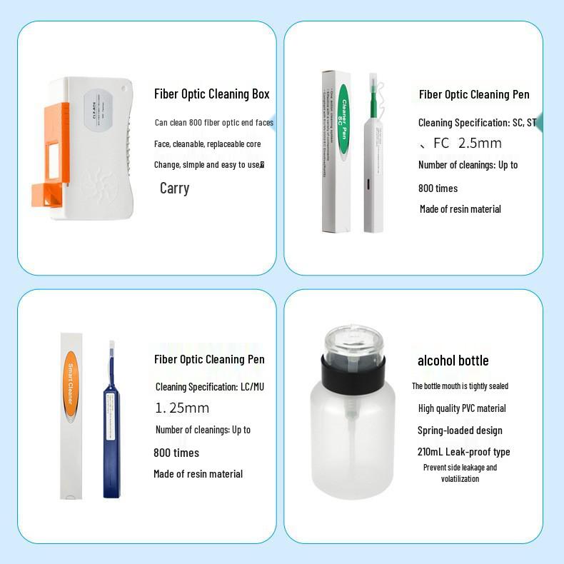 Fiber Optic Cleaning Kit: Includes Cassette, Pen Tool, Cotton Swabs, Alcohol Bottle.