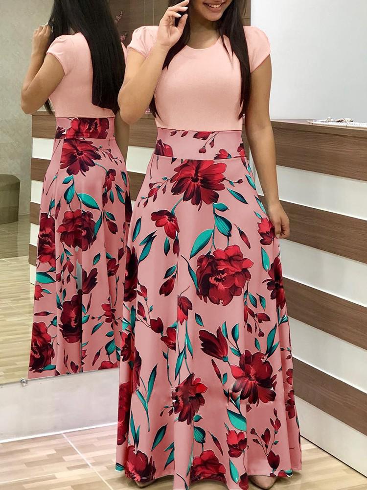 Floral Print Color Block Long Dress: Autumn 2018 Hot-Selling European & American Style Women's Clothing