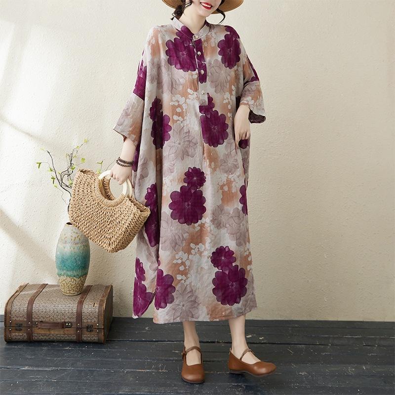 

2025 early spring new temperament retro cotton and linen printed stand-up collar loose super long plus size vacation dress One Size