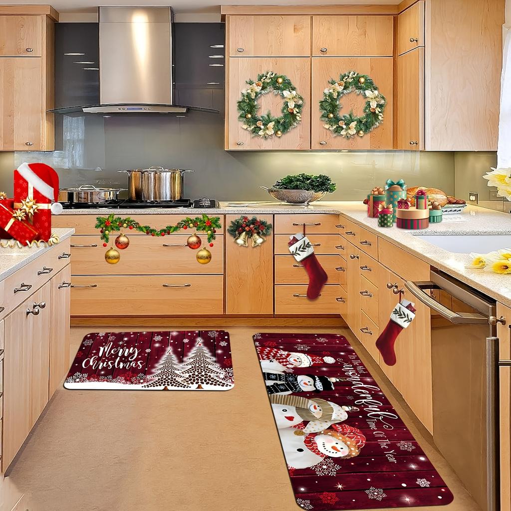 Christmas Poinsettia Carpet Mat Rug - Red Black Plaid Design Home Decoration with Merry Christmas Banner Living Room Decoration