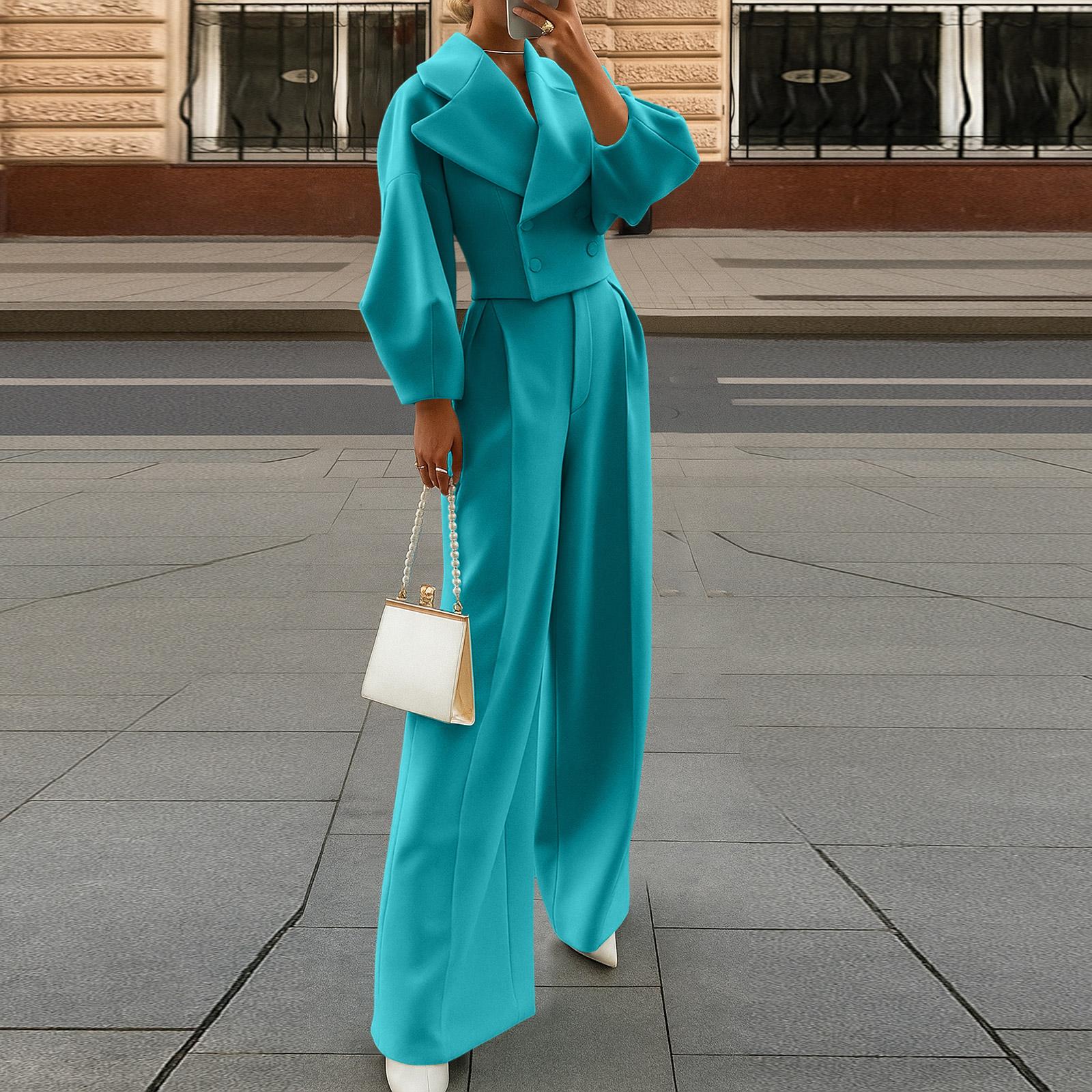 

Комплекты из двух вещей для женщин, повседневные свободные рубашки с длинным рукавом и шорты на кулиске с высокой посадкой, спортивный костюм, осенние наряды S синий