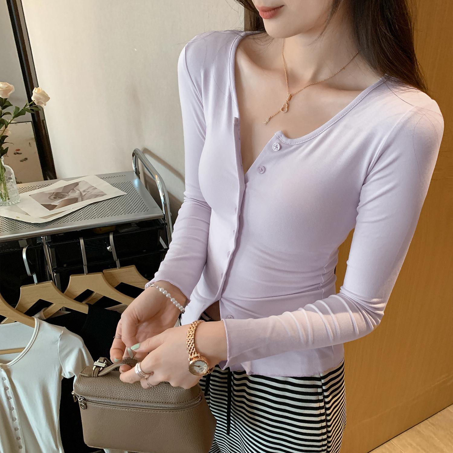 

Women s Slim-Fit Long-Sleeve Cardigan T-Shirt: Fresh, Pure, Autumn/Winter Style – Wear Alone for a Flattering Look Medium фиолетовый