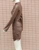 2022 Women's Faux Leather Stand-up Collar Pleated Bodycon Dress - European & American Fashion