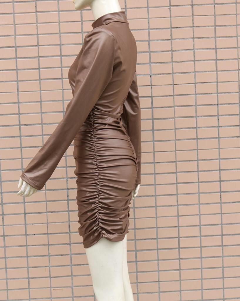 2022 Women's Faux Leather Stand-up Collar Pleated Bodycon Dress - European & American Fashion