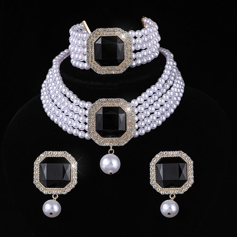 Square Crystal Diamond Earrings Necklace Set Choker Multilayer Bridal Anti-Pearl Necklace Earrings Women