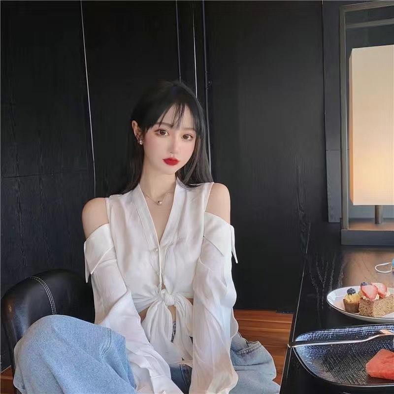 WTEMPO Off Shoulder Women Shirt Sexy V-neck Short French Style Chic Long Sleeve Shirt StreetWear Casual Top Blouse Women