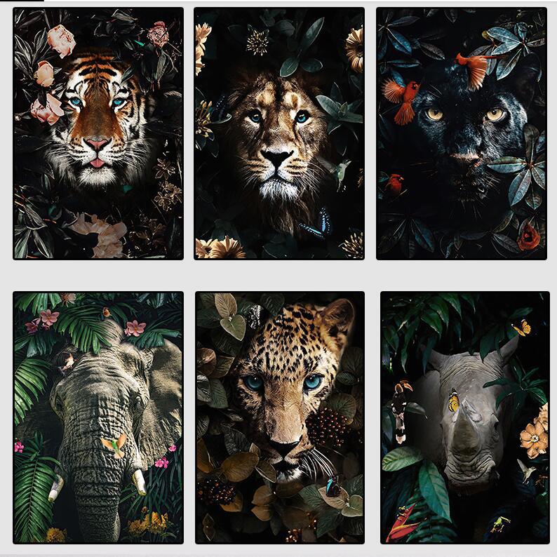 Nordic Flower Animal Mural Tiger Lion Zebra Poster And Print Mural Living Room Canvas Modern Classical Decorative Painting