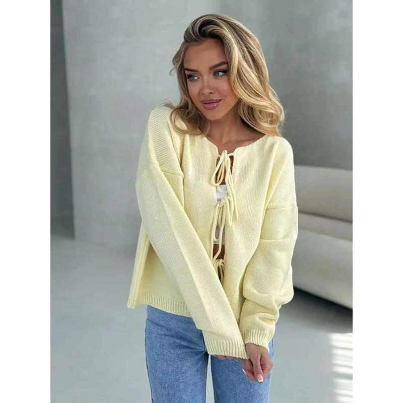 Women Solid Knit Sweater Cardigan Full Sleeve Lace Up Thick Jumper Casual Elegant Coat Sweaters Regular Autumn