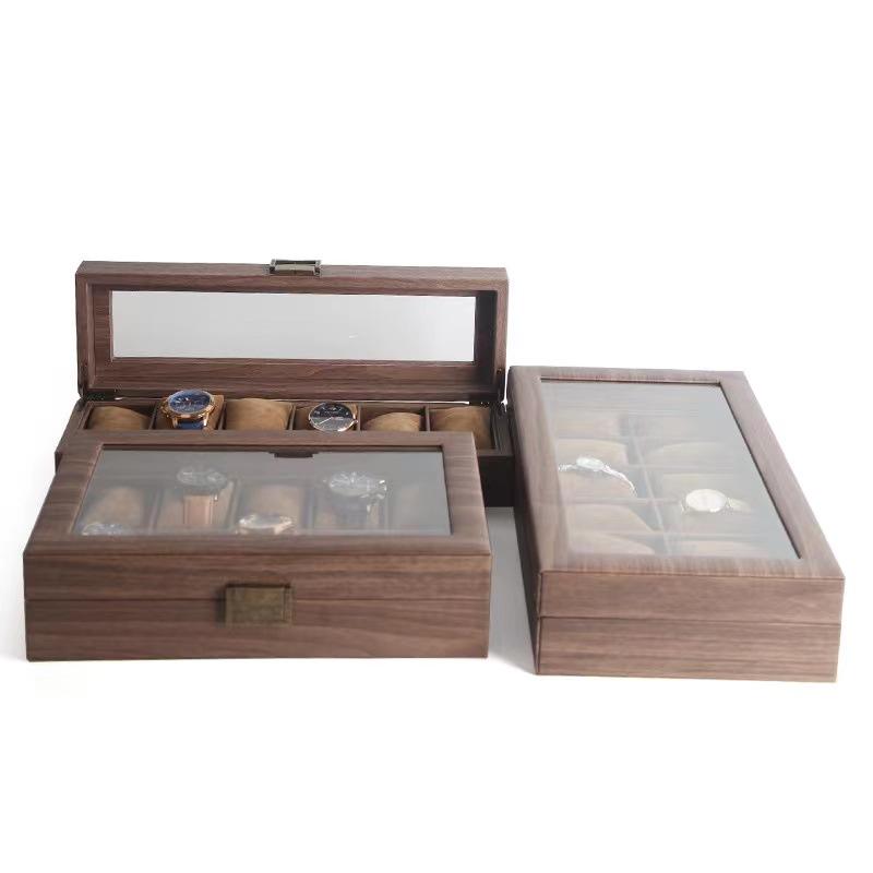 Dustproof Wood Grain Leather Jewelry Watch Box with Glass Display Top