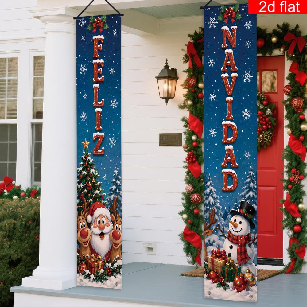 2D Flat, 2pcs Spanish Merry Christmas Banners Suitable for Front Door Welcome, Porch & Photo Decoration - Spanish Text with Santa Claus, Reindeer & Sn