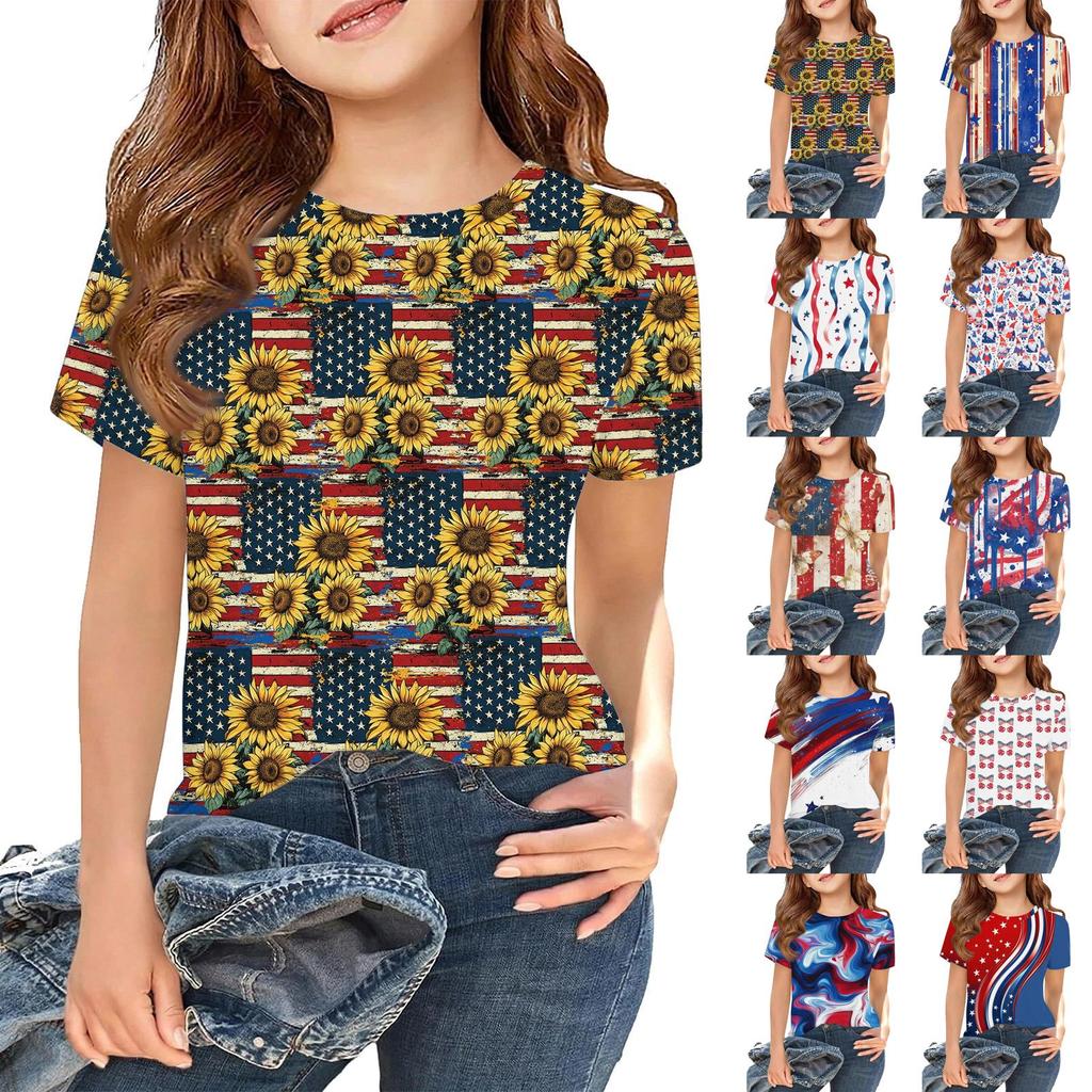 Girls Short Sleeve T Shirt Independence Day Printed Tee Top Casual Comfortable Fit Kids Summer Shirt