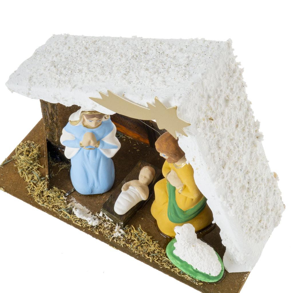 One-piece Wooden Christmas Nativity Scene, 12 Cm High, with a White Roof